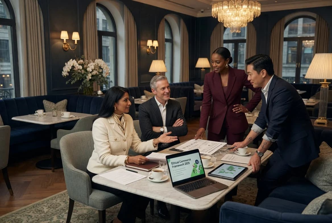 Business leaders discussing responsible commerce strategy