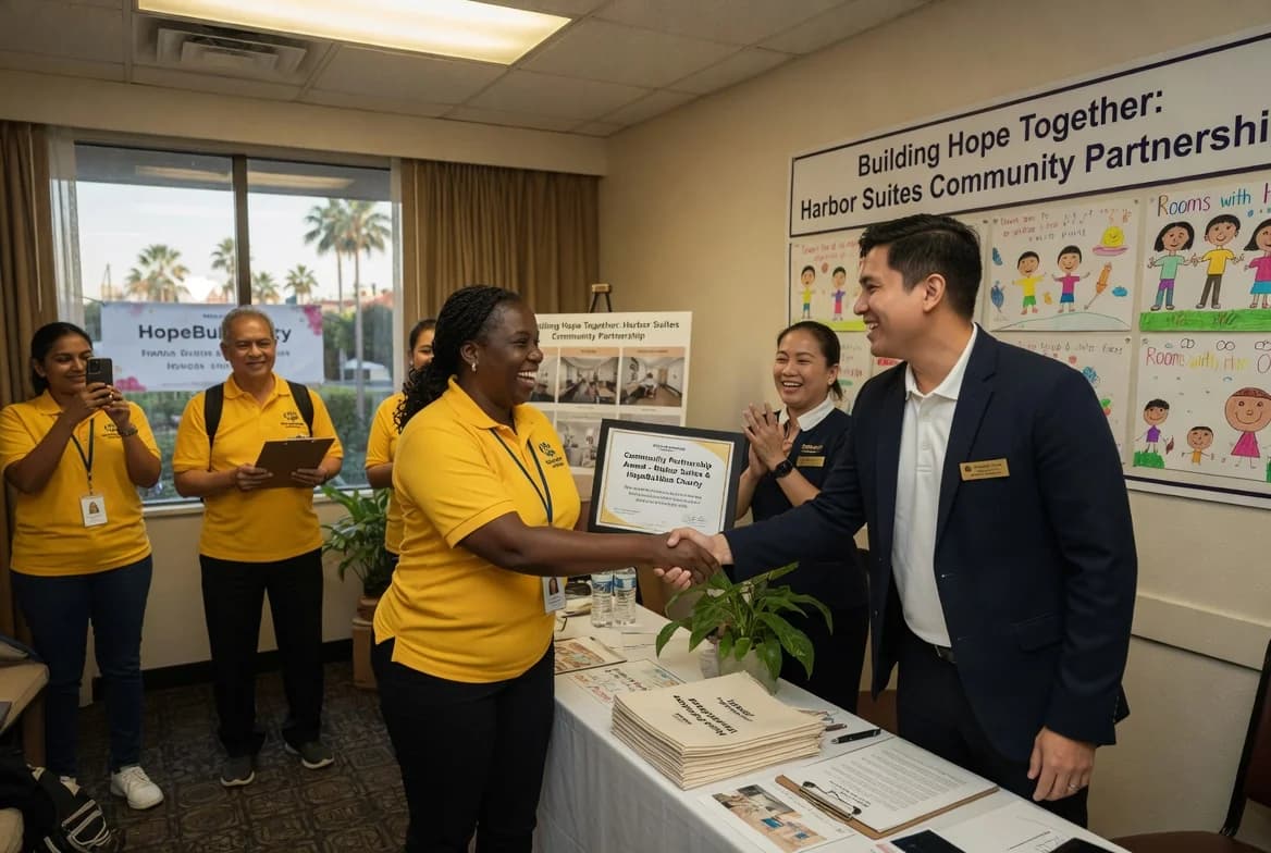 Community partnership event with hotel and charity representatives