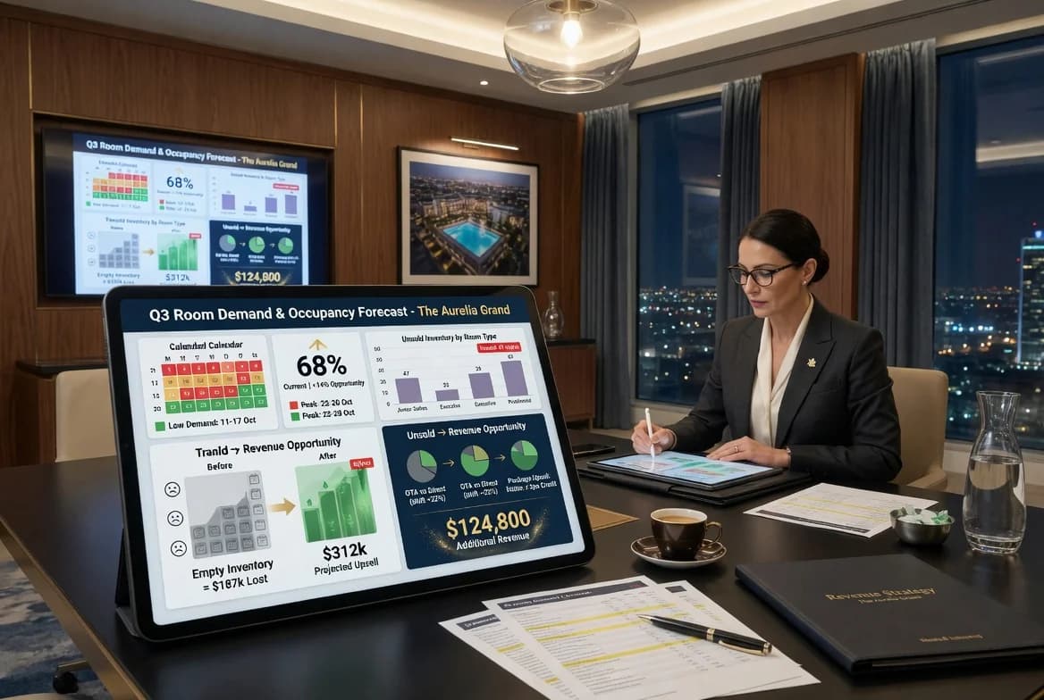 Hotel manager reviewing occupancy and BushidoPay Token opportunities